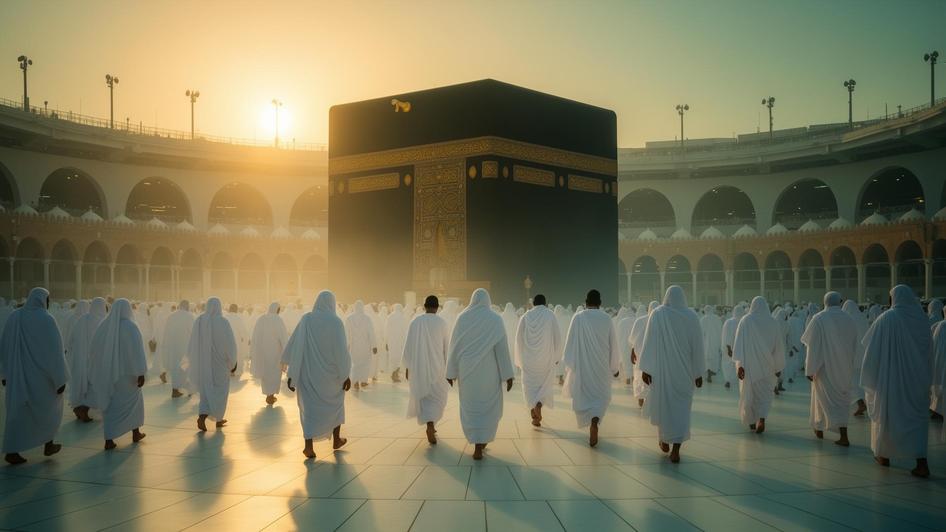 Pilgrims in white ihram walking toward the Kaaba at golden hour